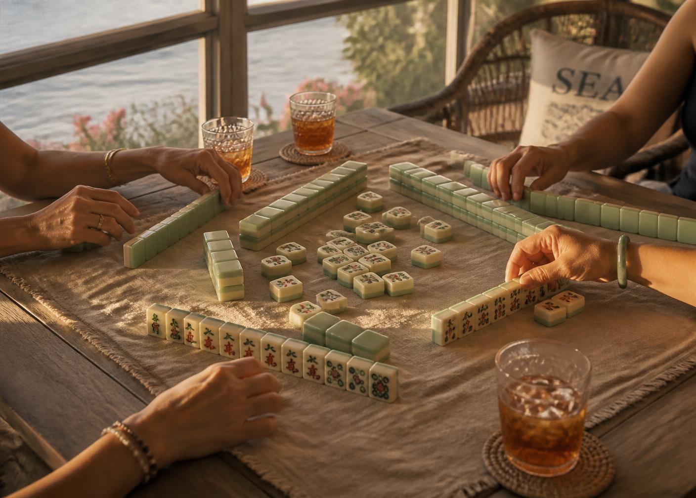 Four players around a coastal table mid-game