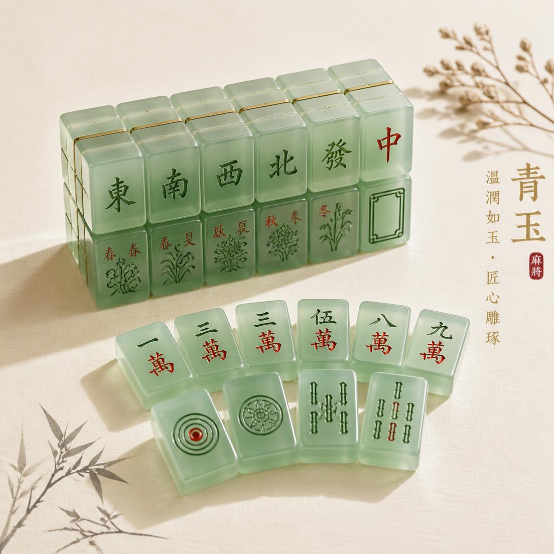 Sea-glass green mahjong tiles fanned out
